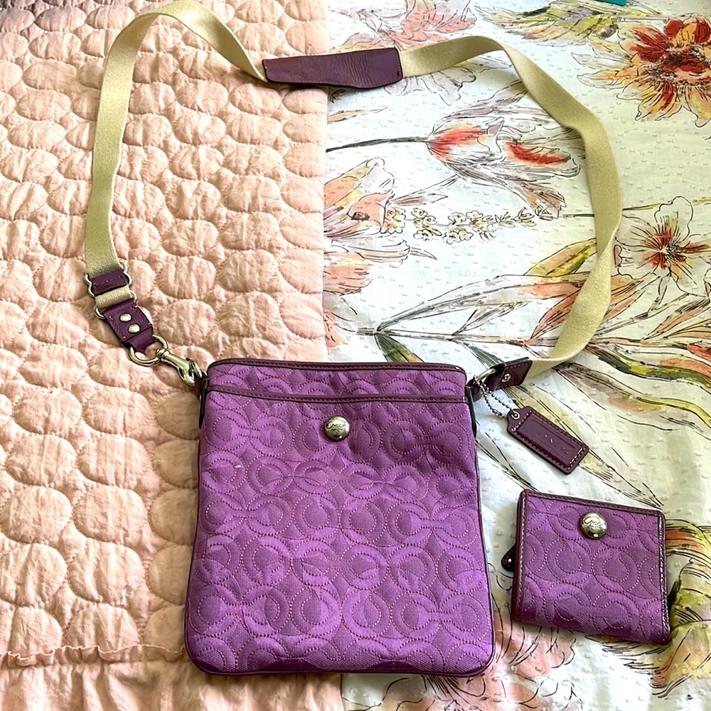 Coach cloth patterned purse and small wallet.